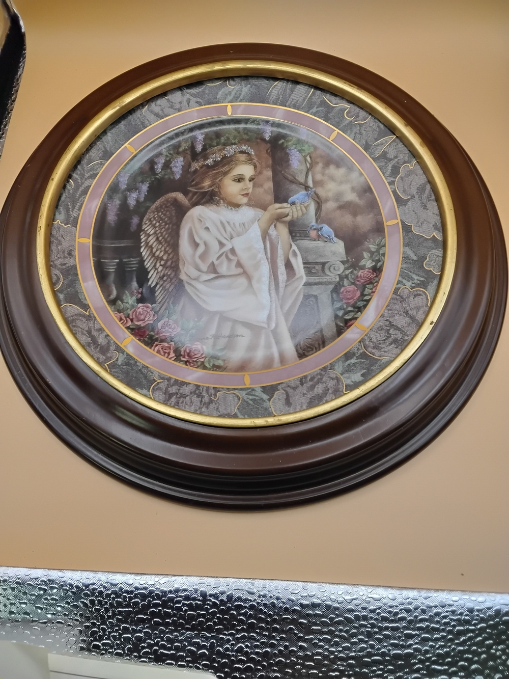 The Bradford Exchange Angel with Blue Birds Plate in Brown and Gold Wood Frame